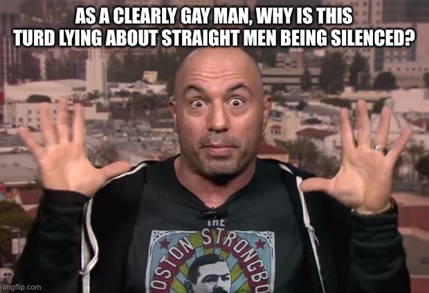 Joe Rogan | AS A CLEARLY GAY MAN, WHY IS THIS TURD LYING ABOUT STRAIGHT MEN BEING SILENCED? | image tagged in joe rogan | made w/ Imgflip meme maker