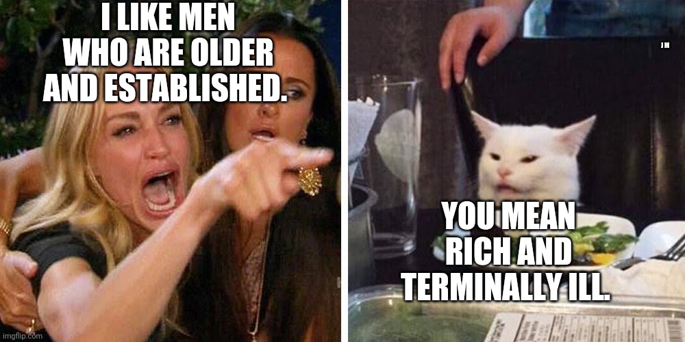 Smudge the cat | I LIKE MEN WHO ARE OLDER AND ESTABLISHED. J M; YOU MEAN RICH AND TERMINALLY ILL. | image tagged in smudge the cat | made w/ Imgflip meme maker