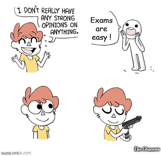 exams are easy ! | Exams are easy ! Ilia Ghasemi | image tagged in i don't really have strong opinions,memes,exam,student | made w/ Imgflip meme maker