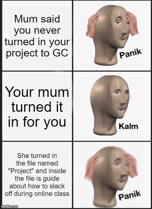 Missing Project | Mum said you never turned in your project to GC; Your mum turned it in for you; She turned in the file named "Project" and inside the file is guide about how to slack off during online class | image tagged in memes,panik kalm panik | made w/ Imgflip meme maker