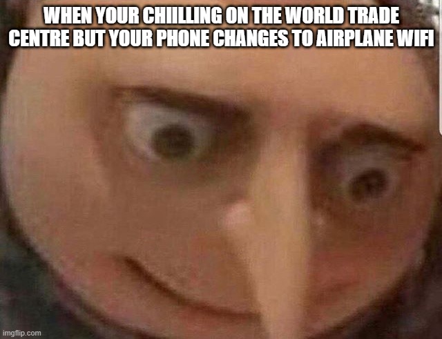 Nervous Gru | WHEN YOUR CHIILLING ON THE WORLD TRADE CENTRE BUT YOUR PHONE CHANGES TO AIRPLANE WIFI | image tagged in nervous gru | made w/ Imgflip meme maker
