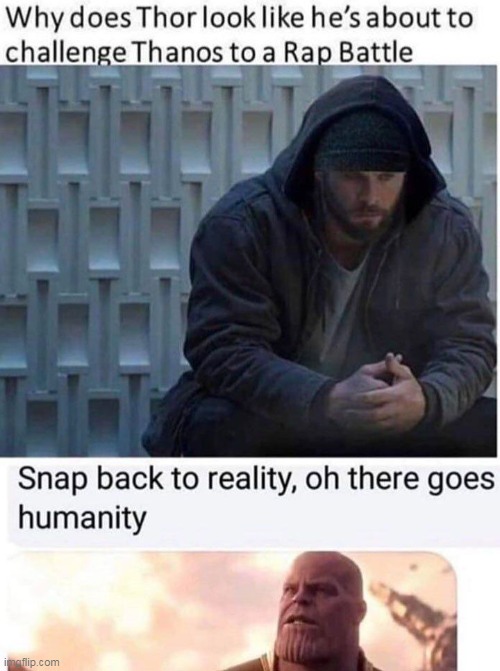 image tagged in thanos,thanos snap,thanos meme,epic rap battles of history,rap battle,thor | made w/ Imgflip meme maker
