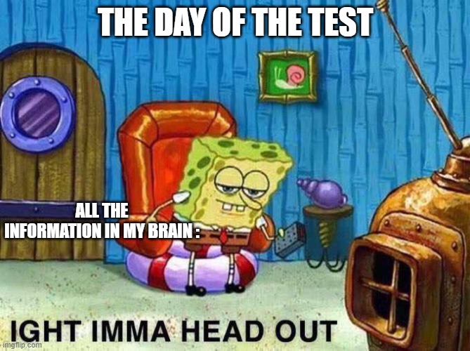 Ima head out | THE DAY OF THE TEST; ALL THE INFORMATION IN MY BRAIN : | image tagged in imma head out | made w/ Imgflip meme maker