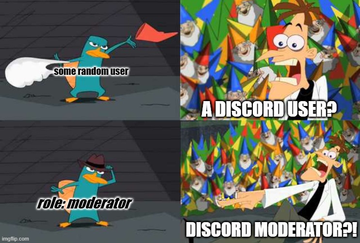 discord moment | some random user; A DISCORD USER? role: moderator; DISCORD MODERATOR?! | image tagged in an ordinary platypus | made w/ Imgflip meme maker