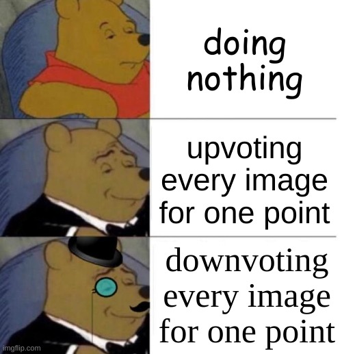 dont do the third panel if the meme is good | doing nothing; upvoting every image for one point; downvoting every image for one point | image tagged in tuxedo winnie the pooh 3 panel | made w/ Imgflip meme maker