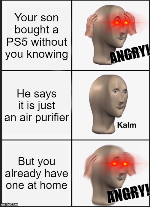 PS5 vs AIR PURIFIER | Your son bought a PS5 without you knowing; ANGRY! He says it is just an air purifier; But you already have one at home; ANGRY! | image tagged in memes,panik kalm panik | made w/ Imgflip meme maker