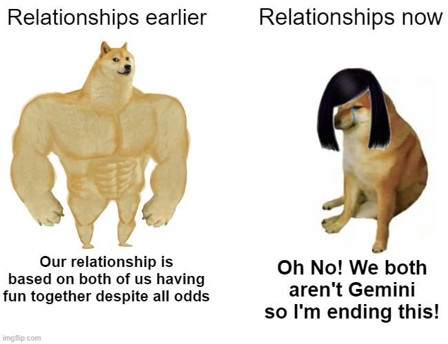 Relationships were cool until Horo-months came in |  Relationships earlier; Relationships now; Our relationship is based on both of us having fun together despite all odds; Oh No! We both aren't Gemini so I'm ending this! | image tagged in memes,buff doge vs cheems | made w/ Imgflip meme maker