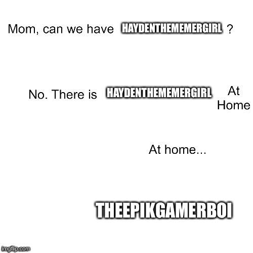 Mom can we have | HAYDENTHEMEMERGIRL; HAYDENTHEMEMERGIRL; THEEPIKGAMERBOI | image tagged in mom can we have | made w/ Imgflip meme maker
