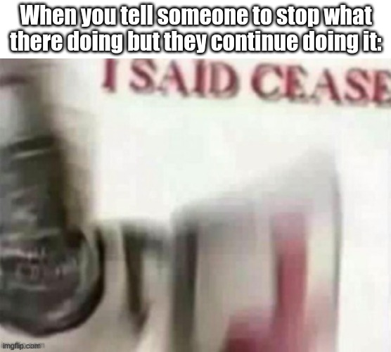 CEASE | When you tell someone to stop what there doing but they continue doing it: | image tagged in cease | made w/ Imgflip meme maker