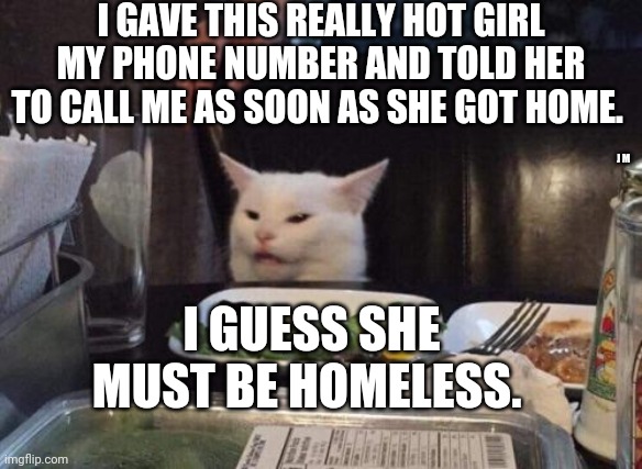 Salad cat | I GAVE THIS REALLY HOT GIRL MY PHONE NUMBER AND TOLD HER TO CALL ME AS SOON AS SHE GOT HOME. J M; I GUESS SHE MUST BE HOMELESS. | image tagged in salad cat | made w/ Imgflip meme maker
