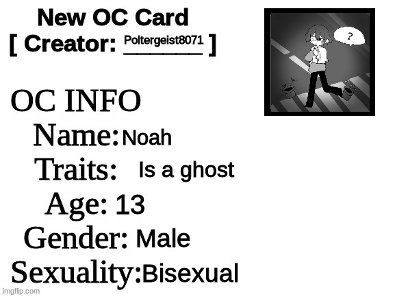 idk | Poltergeist8071; Noah; Is a ghost; 13; Male; Bisexual | image tagged in new oc card id,ghost | made w/ Imgflip meme maker