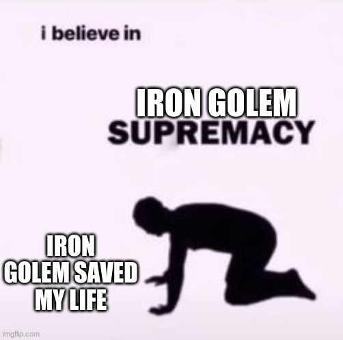 iron golem supremacy | IRON GOLEM; IRON GOLEM SAVED MY LIFE | image tagged in i believe in supremacy | made w/ Imgflip meme maker