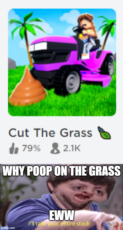 why poop on the grass because ewwwww | WHY POOP ON THE GRASS; EWW | image tagged in i'll take your entire stock,roblox | made w/ Imgflip meme maker