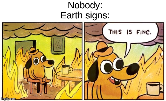 This is cringy but y not | Nobody:
Earth signs: | image tagged in memes,this is fine | made w/ Imgflip meme maker