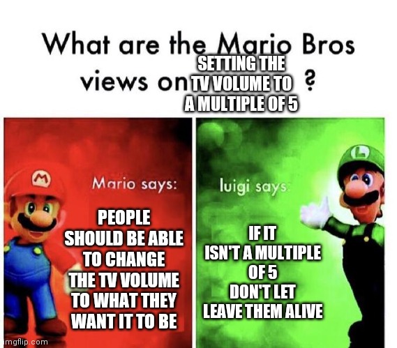 Mario Bros Views | SETTING THE TV VOLUME TO A MULTIPLE OF 5; PEOPLE SHOULD BE ABLE TO CHANGE THE TV VOLUME TO WHAT THEY WANT IT TO BE; IF IT ISN'T A MULTIPLE OF 5 DON'T LET LEAVE THEM ALIVE | image tagged in mario bros views | made w/ Imgflip meme maker