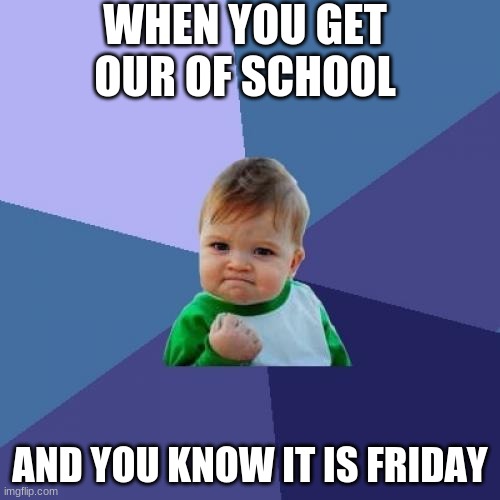 friday | WHEN YOU GET OUT OF SCHOOL; AND YOU KNOW IT IS FRIDAY | image tagged in memes,success kid | made w/ Imgflip meme maker