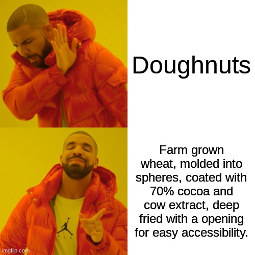 Drake Hotline Bling | Doughnuts; Farm grown wheat, molded into spheres, coated with 70% cocoa and cow extract, deep fried with a opening for easy accessibility. | image tagged in memes,drake hotline bling | made w/ Imgflip meme maker