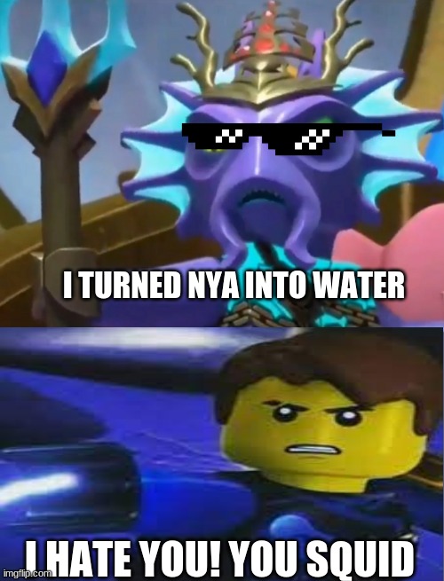 Ninjago Kalmaar meme | I TURNED NYA INTO WATER; I HATE YOU! YOU SQUID | image tagged in funny | made w/ Imgflip meme maker