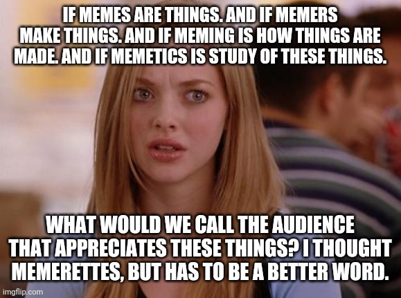 This thought really will bug me. | IF MEMES ARE THINGS. AND IF MEMERS MAKE THINGS. AND IF MEMING IS HOW THINGS ARE MADE. AND IF MEMETICS IS STUDY OF THESE THINGS. WHAT WOULD WE CALL THE AUDIENCE THAT APPRECIATES THESE THINGS? I THOUGHT MEMERETTES, BUT HAS TO BE A BETTER WORD. | image tagged in memes,omg karen,meming,scholarly,annoyed | made w/ Imgflip meme maker