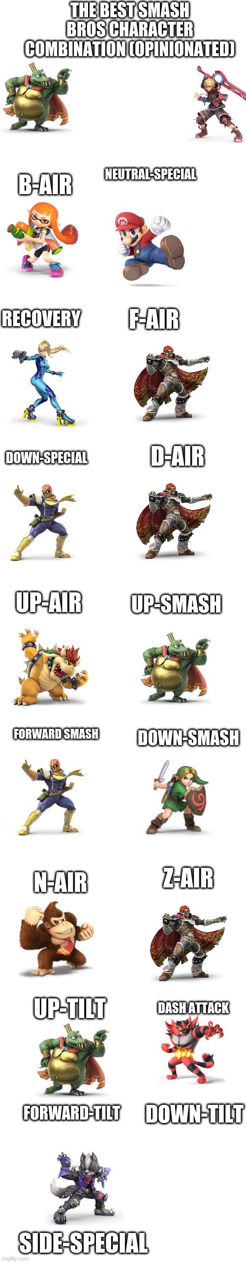 My Best Smash Bros Moveset Combination | THE BEST SMASH BROS CHARACTER COMBINATION (OPINIONATED); NEUTRAL-SPECIAL; B-AIR; RECOVERY; F-AIR; DOWN-SPECIAL; D-AIR; UP-AIR; UP-SMASH; FORWARD SMASH; DOWN-SMASH; Z-AIR; N-AIR; UP-TILT; DASH ATTACK; DOWN-TILT; FORWARD-TILT; SIDE-SPECIAL | image tagged in memes,controversial | made w/ Imgflip meme maker