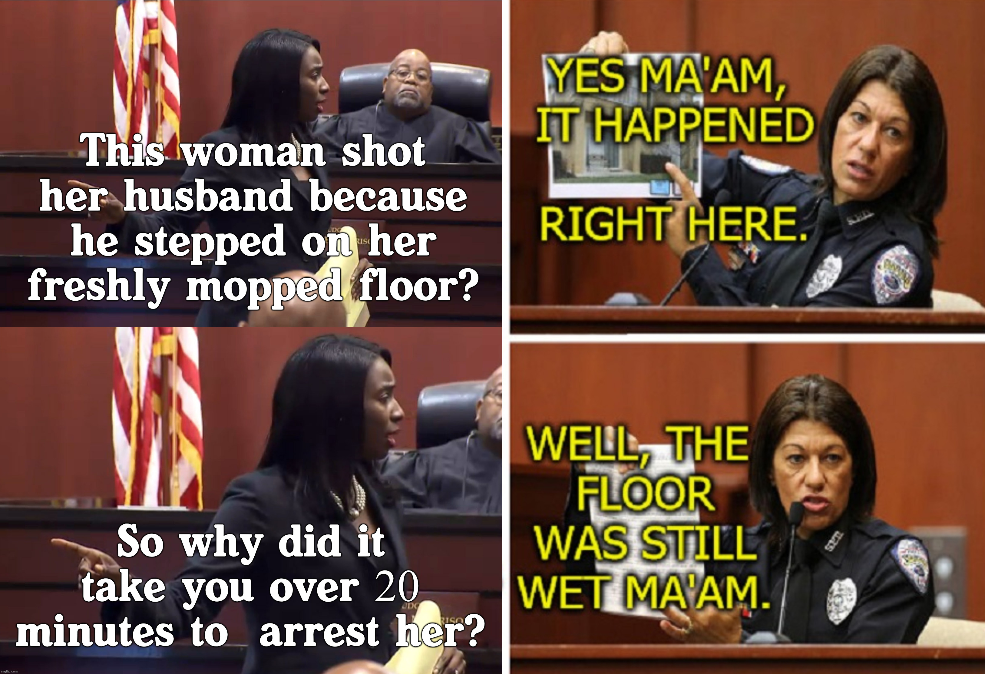 Never mess with a freshly cleaned floor. |  This woman shot her husband because he stepped on her freshly mopped floor? So why did it take you over 20 minutes to  arrest her? | image tagged in courtroom,cleaning,floor,lawyer | made w/ Imgflip meme maker