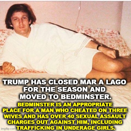 Trump bed | BEDMINSTER IS AN APPROPRIATE 

PLACE FOR A MAN WHO CHEATED ON THREE 
WIVES AND HAS OVER 40 SEXUAL ASSAULT 
CHARGES OUT AGAINST HIM, INCLUDING 
TRAFFICKING IN UNDERAGE GIRLS. TRUMP HAS CLOSED MAR A LAGO 
FOR THE SEASON AND 
MOVED TO BEDMINSTER. | image tagged in trump bed | made w/ Imgflip meme maker