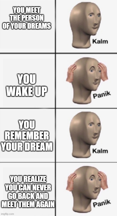 kalm PANIK kalm PANIK | YOU MEET THE PERSON OF YOUR DREAMS; YOU WAKE UP; YOU REMEMBER YOUR DREAM; YOU REALIZE YOU CAN NEVER GO BACK AND MEET THEM AGAIN | image tagged in kalm panik kalm panik | made w/ Imgflip meme maker