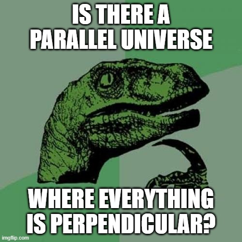 Philosoraptor Meme | IS THERE A PARALLEL UNIVERSE; WHERE EVERYTHING IS PERPENDICULAR? | image tagged in memes,philosoraptor | made w/ Imgflip meme maker