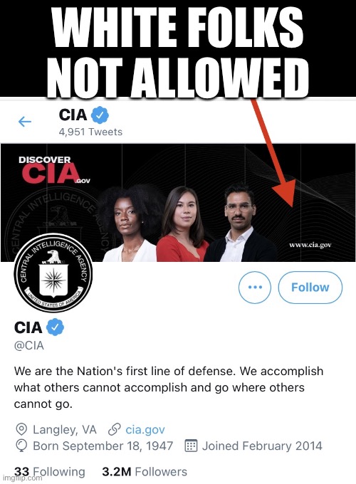 CIA: White folks not allowed! | WHITE FOLKS
NOT ALLOWED | image tagged in cia,us government,government corruption,scumbag government,evil government,woke | made w/ Imgflip meme maker