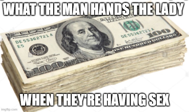 Bribery Meme | WHAT THE MAN HANDS THE LADY; WHEN THEY'RE HAVING SEX | image tagged in sex | made w/ Imgflip meme maker