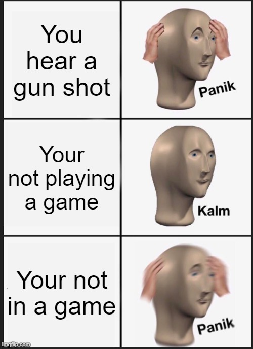 Gun | You hear a gun shot; Your not playing a game; Your not in a game | image tagged in memes,panik kalm panik | made w/ Imgflip meme maker