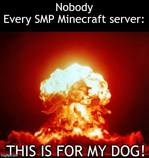 R.i.p Tommyinnit Cow Henry | Nobody
Every SMP Minecraft server:; THIS IS FOR MY DOG! | image tagged in nuke,dream smp,minecraft | made w/ Imgflip meme maker