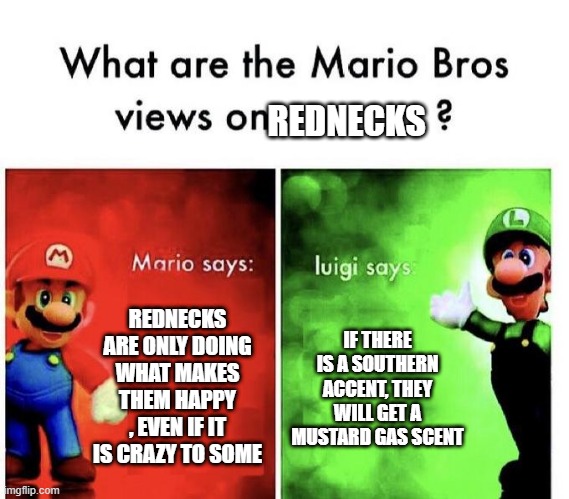 Mario Bros Views | REDNECKS; REDNECKS ARE ONLY DOING WHAT MAKES THEM HAPPY , EVEN IF IT IS CRAZY TO SOME; IF THERE IS A SOUTHERN ACCENT, THEY WILL GET A MUSTARD GAS SCENT | image tagged in mario bros views | made w/ Imgflip meme maker