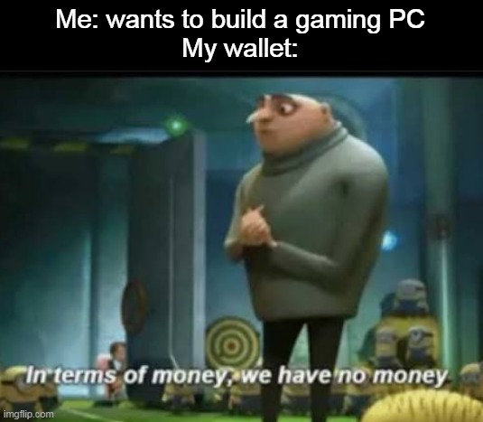 In terms of money | Me: wants to build a gaming PC
My wallet: | image tagged in in terms of money | made w/ Imgflip meme maker