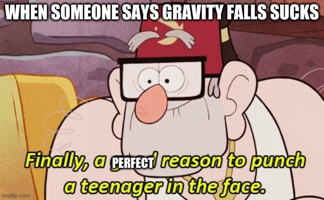 gravity falls |  WHEN SOMEONE SAYS GRAVITY FALLS SUCKS; PERFECT | image tagged in gravity falls | made w/ Imgflip meme maker