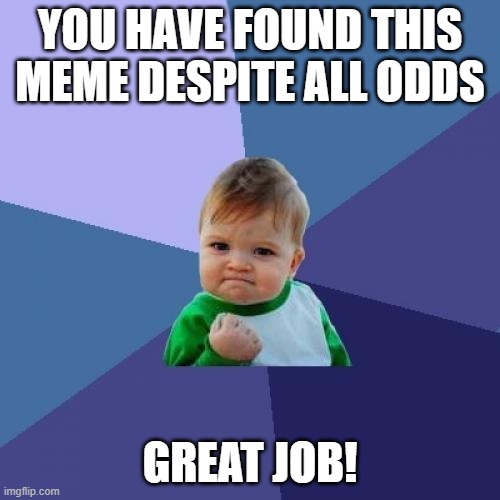 Success Kid | YOU HAVE FOUND THIS MEME DESPITE ALL ODDS; GREAT JOB! | image tagged in memes,success kid | made w/ Imgflip meme maker