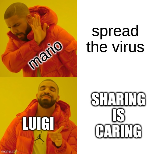 Drake Hotline Bling Meme | spread the virus mario SHARING IS CARING LUIGI | image tagged in memes,drake hotline bling | made w/ Imgflip meme maker