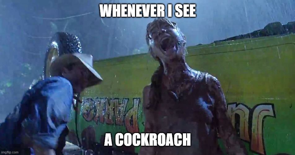 Jurassic Park Scream | WHENEVER I SEE; A COCKROACH | image tagged in jurassic park scream | made w/ Imgflip meme maker