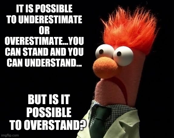 If you overstand things, you are allowed to view this meme | IT IS POSSIBLE TO UNDERESTIMATE OR OVERESTIMATE...YOU CAN STAND AND YOU CAN UNDERSTAND... BUT IS IT POSSIBLE TO OVERSTAND? | image tagged in muppets,understand | made w/ Imgflip meme maker