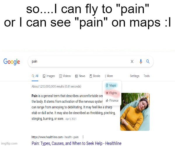 pain | so....I can fly to "pain" or I can see "pain" on maps :I | image tagged in google search | made w/ Imgflip meme maker