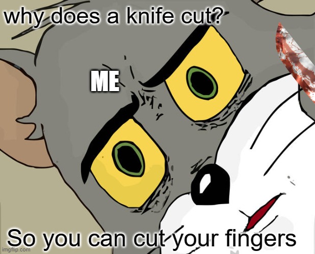 why does a knife cut | why does a knife cut? ME; So you can cut your fingers | image tagged in unsettled tom | made w/ Imgflip meme maker