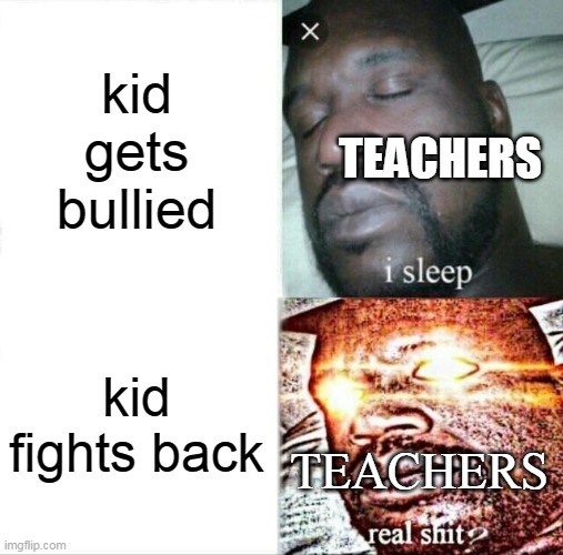 school | kid gets bullied; TEACHERS; kid fights back; TEACHERS | image tagged in memes,sleeping shaq,lol,haha,school meme | made w/ Imgflip meme maker