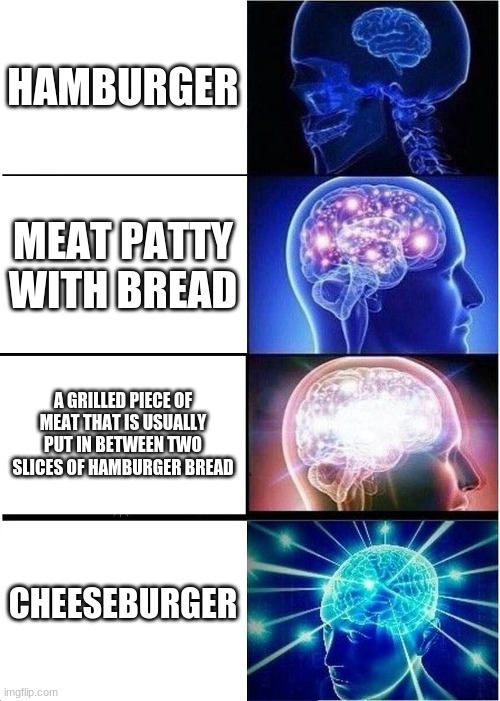 Expanding Brain | HAMBURGER; MEAT PATTY WITH BREAD; A GRILLED PIECE OF MEAT THAT IS USUALLY PUT IN BETWEEN TWO SLICES OF HAMBURGER BREAD; CHEESEBURGER | image tagged in memes,expanding brain | made w/ Imgflip meme maker