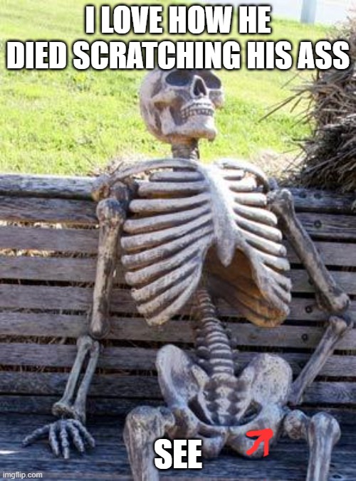 Waiting Skeleton | I LOVE HOW HE DIED SCRATCHING HIS ASS; SEE | image tagged in memes,waiting skeleton | made w/ Imgflip meme maker