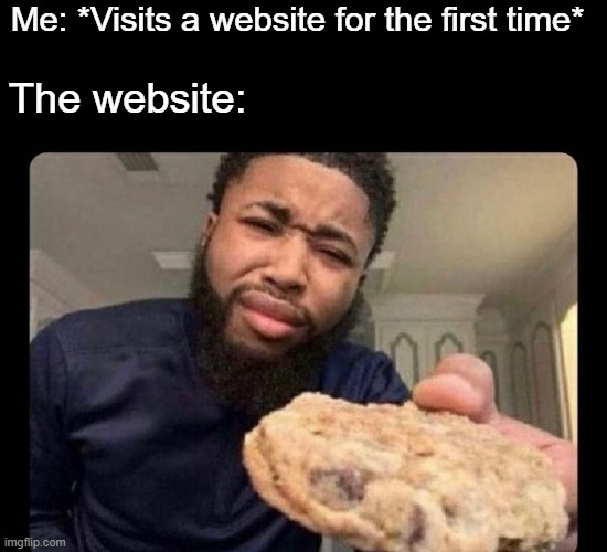 How it is | Me: *Visits a website for the first time*; The website: | image tagged in cookies,this website has cookies,here have a cookie,cookie,more cookie,cookie monster | made w/ Imgflip meme maker