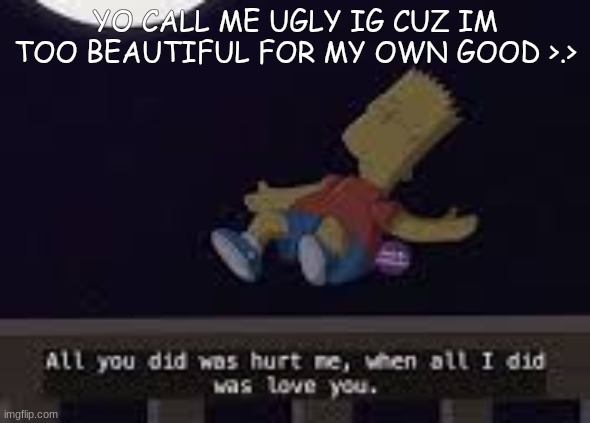 im not joking call me ugly ig ill put a pic of me in comments- | YO CALL ME UGLY IG CUZ IM TOO BEAUTIFUL FOR MY OWN GOOD >.> | image tagged in ugly | made w/ Imgflip meme maker