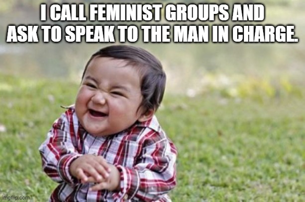 Evil Toddler | I CALL FEMINIST GROUPS AND ASK TO SPEAK TO THE MAN IN CHARGE. | image tagged in memes,evil toddler | made w/ Imgflip meme maker