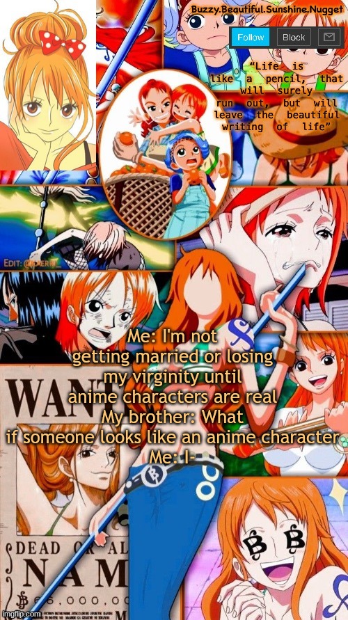 lol | Me: I'm not getting married or losing my virginity until anime characters are real
My brother: What if someone looks like an anime character
Me: I- | image tagged in nami temp tysm x-virus 3 | made w/ Imgflip meme maker