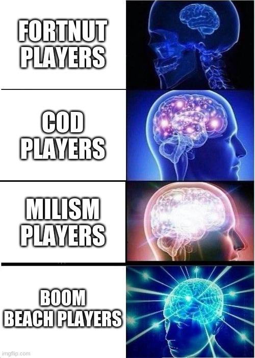 Expanding Brain | FORTNUT PLAYERS; COD PLAYERS; MILISM PLAYERS; BOOM BEACH PLAYERS | image tagged in memes,expanding brain | made w/ Imgflip meme maker
