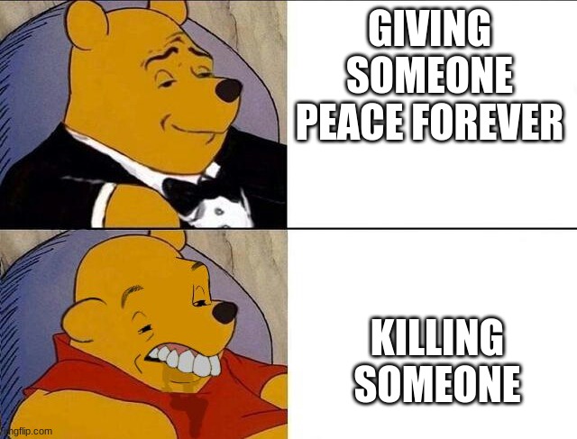 Winnie the Pooh |  GIVING SOMEONE PEACE FOREVER; KILLING SOMEONE | image tagged in winnie the pooh | made w/ Imgflip meme maker